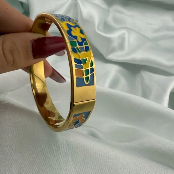 Multicolour Gold modern art blue and yellow Stainless steel cuff bracelet - Picture 6 of 10